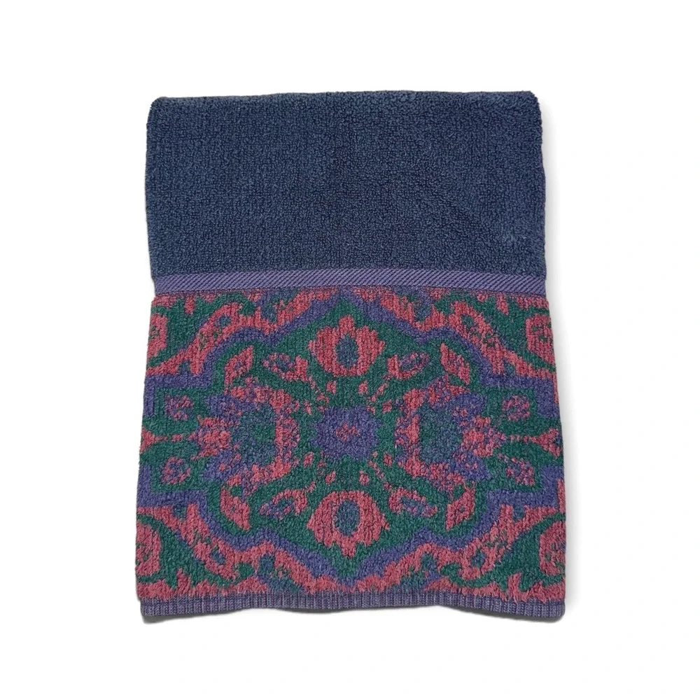 Vintage Ralph Lauren Hand Towel Navy Blue Pink Paisley Damask Cotton USA Made